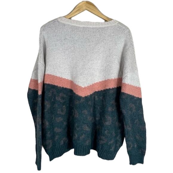 Easel Sweater Womens S Colorblock Teal White Leopard Fuzzy Oversized Boho Cozy - Picture 5 of 7